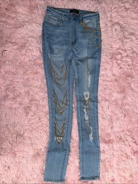 AKIRA Light Blue Skinny Jeans with Gold Chain Embellishments